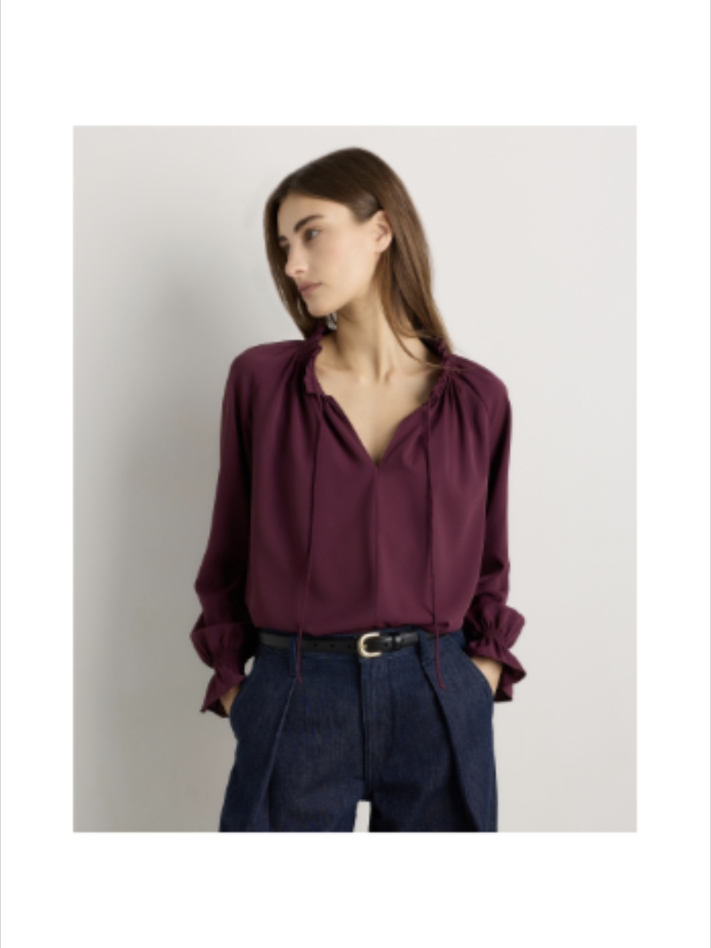 Quince Burgundy Drawstring V-Neck Long-Sleeve Blouse